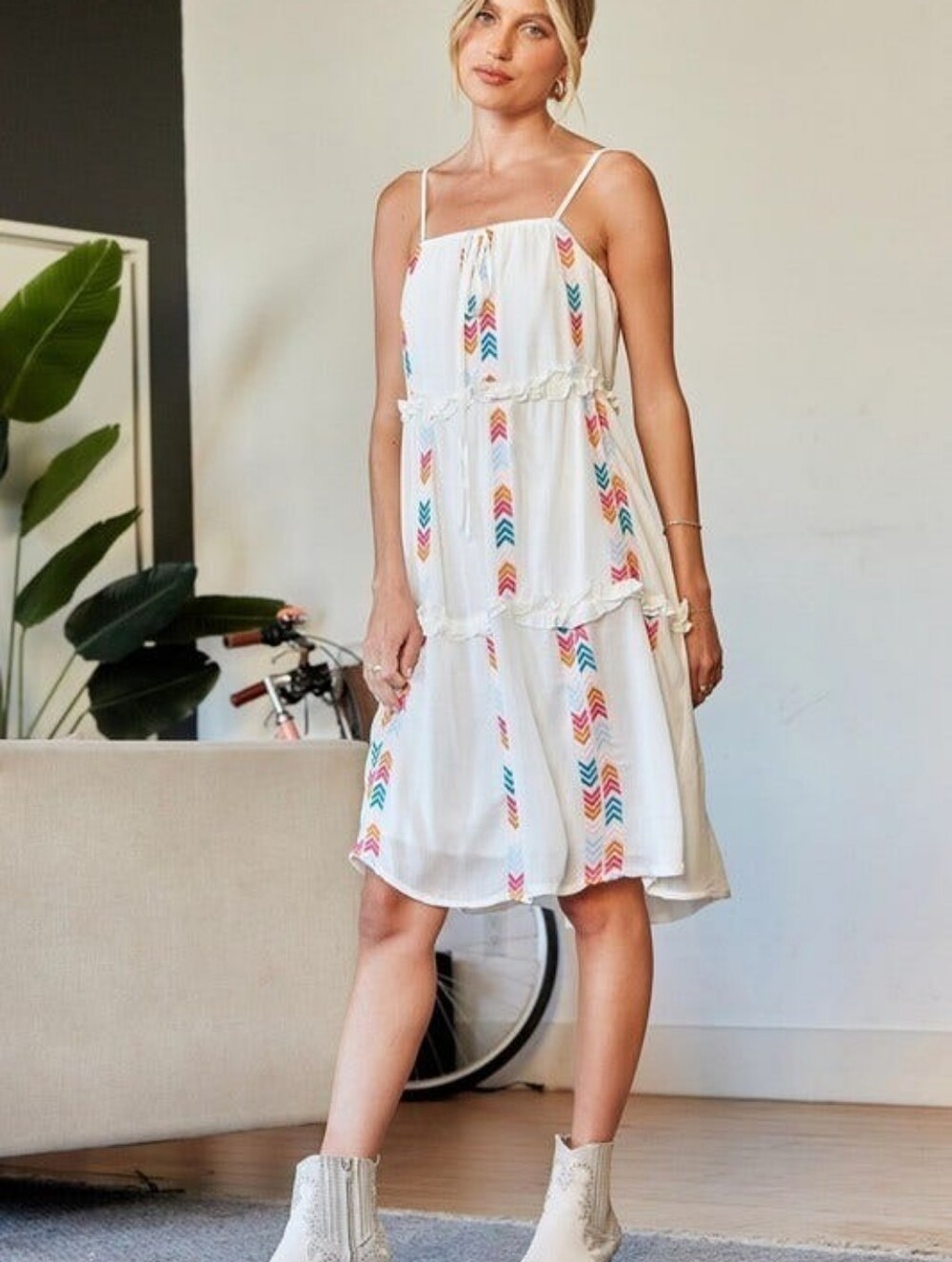 Savanna Jane White Tiered Midi Dress with Multicolor Chevron Embroidery